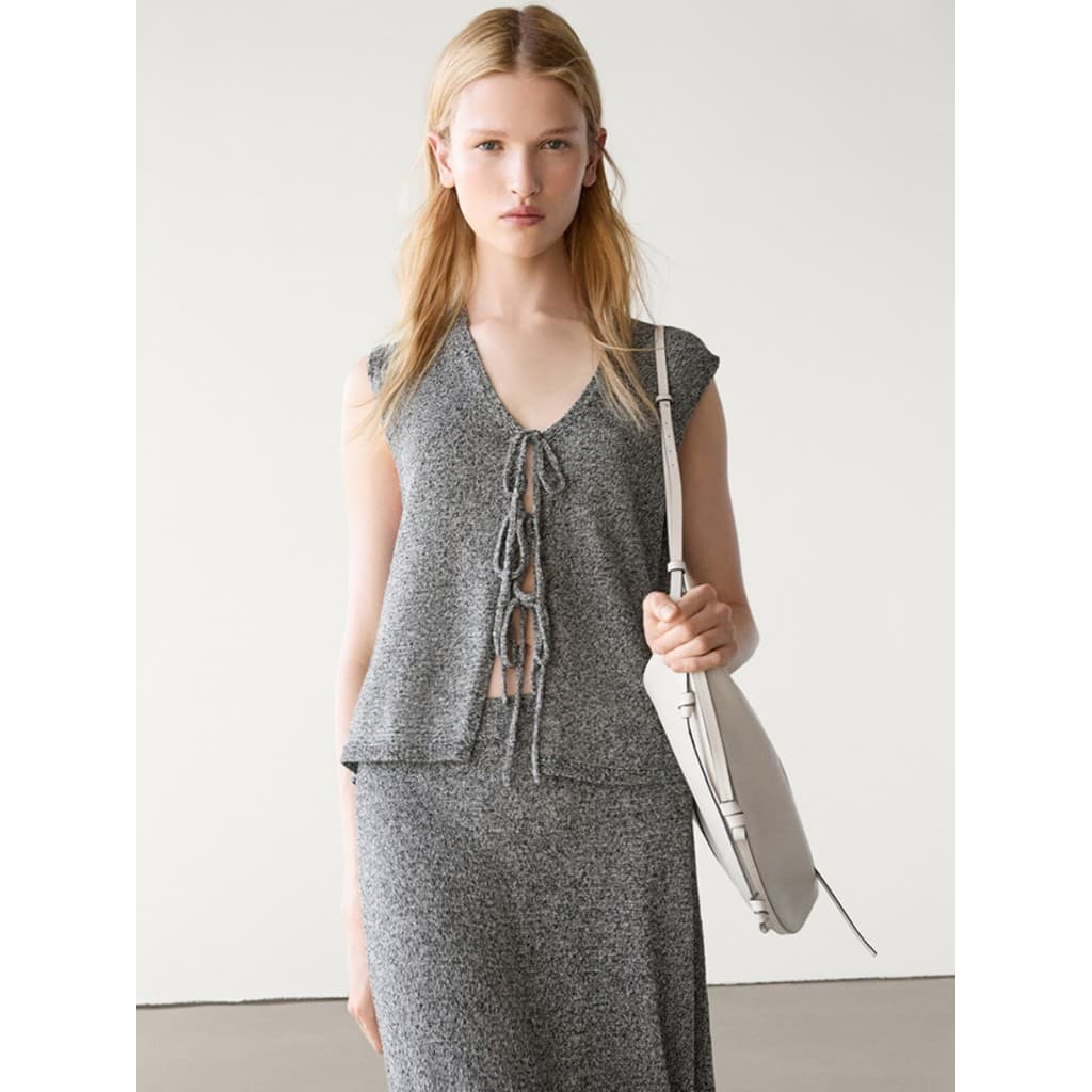 MD Feminino Francês Casual Estilo Cinza Cinza Atado Com Decote Em V Colete De Malha Sem Mangas Cardigan Feminino05745587