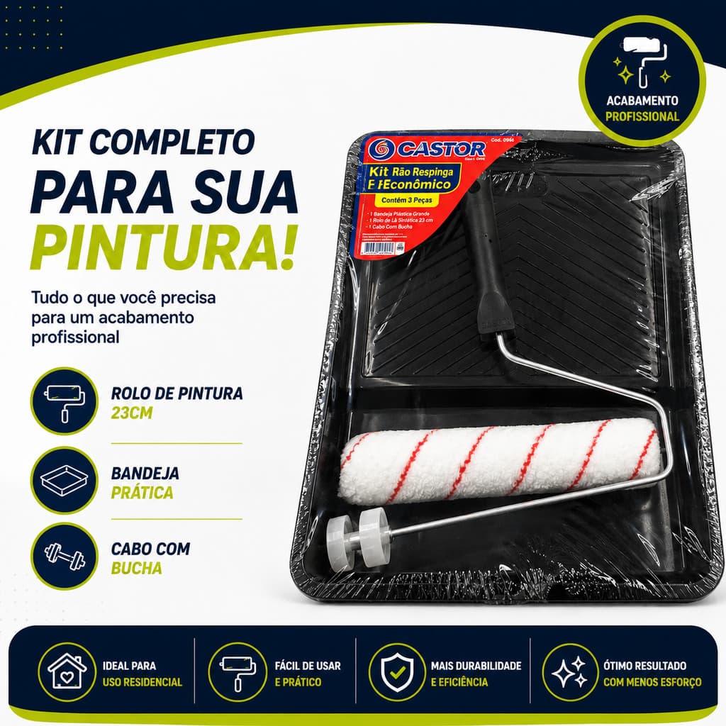 Kit Pintura Parede 3 peças Bandeja G + Rolo 23cm + Cabo com bucha