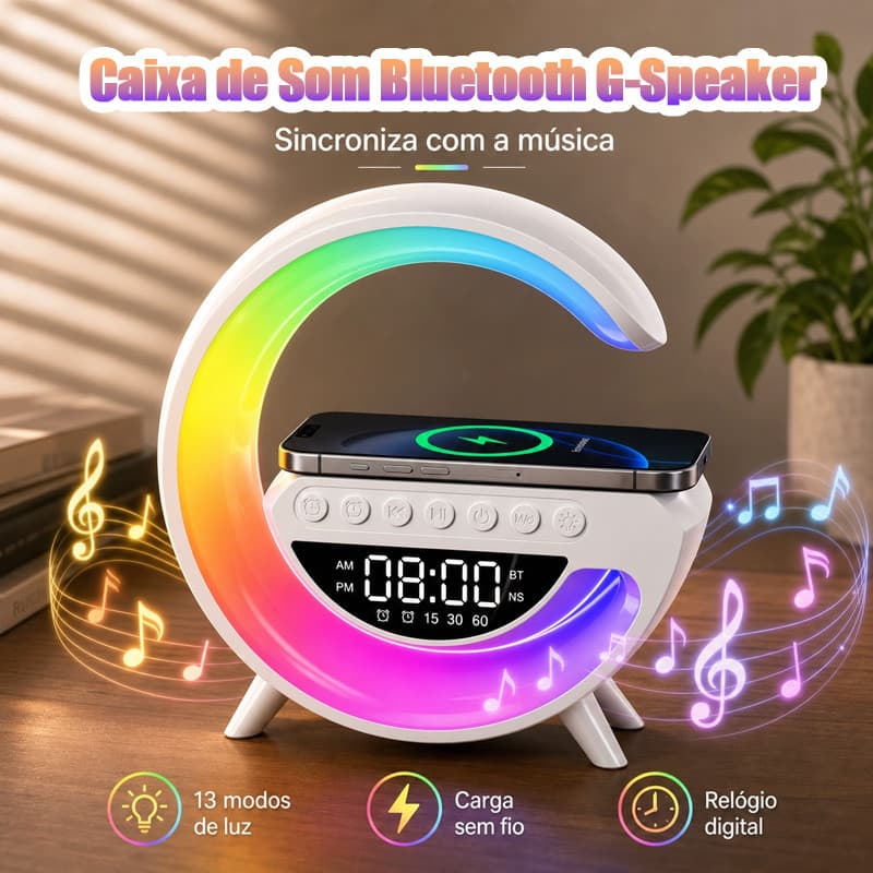 G-Speaker Caixa de Som Bluetooth Alto-falante pequeno com Luminária RGB Carregador por Indução