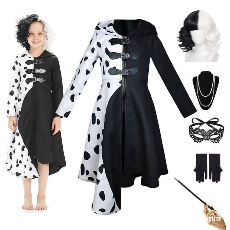 Fantasia da Cruella Deville para Meninas, Macacão Dálmata Preto, Vestido para Festa de Halloween, Fantasia de Cosplay XZ