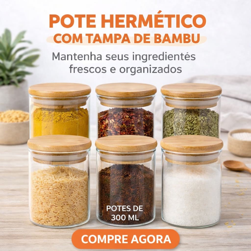Kit 6 Potes De Vidro Mantimentos 300ml Alta Vedação Cozinha Organização Tampa de Bambu Dupla Vedação