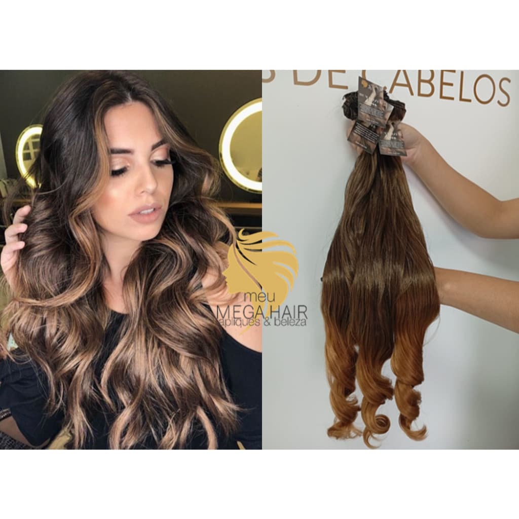 Aplique de Cabelo Fibra Russa Tela Semi Humano Natural 60cm Ondulado Californiana Bella Hair
