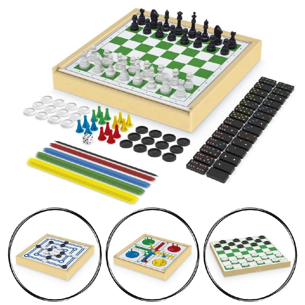 Kit Jogos de Tabuleiro 6 em 1, Xadrez, Damas, Ludo, dominó