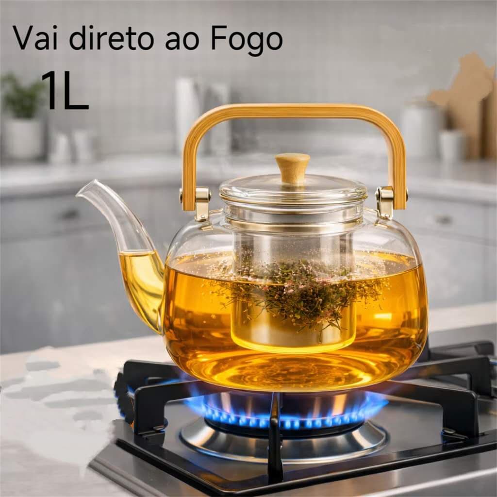 Chaleira de Vidro Borossilicato 1000ml - com Alça de Bambu - Para Chá e Água