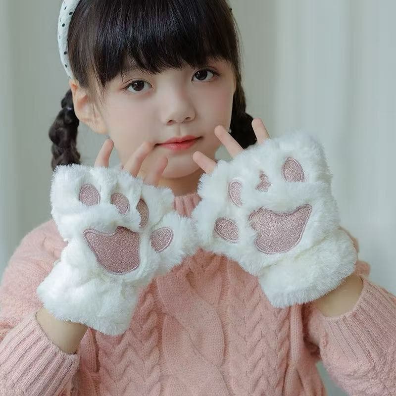 Luvas infantis/Um Par De Luvas Femininas De Pelúcia Com Garra De Urso Macio E Meio Dedo Luvas De Pata De Gato