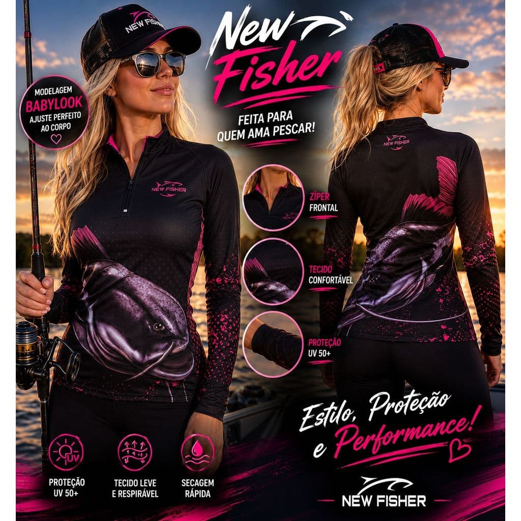 Camisa Camiseta de Pesca Feminina Pirarara Gola Zíper Proteção Solar UV New Fisher