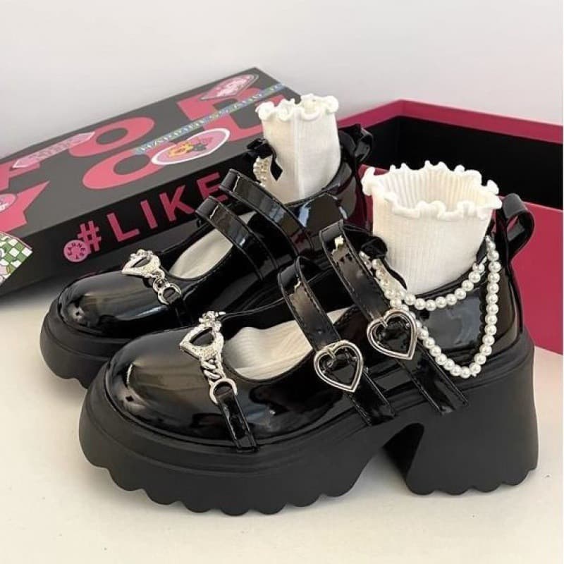 Sapatos Mary Jane pretos, de sola grossa com fivela GGUF QN1C