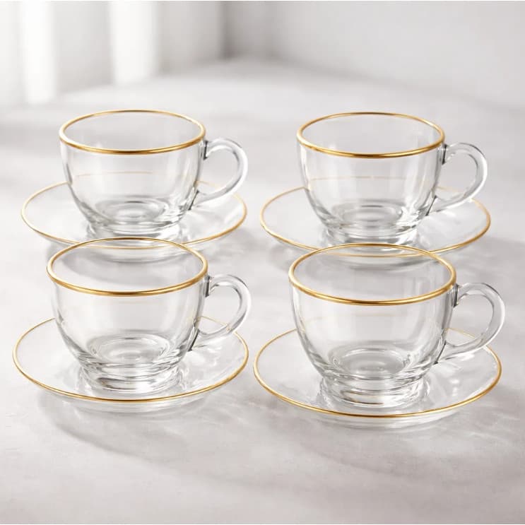 Xícara de chá e café jogo 4 peças com 4 pires Clássica Borda Dourada Elegante 225ml