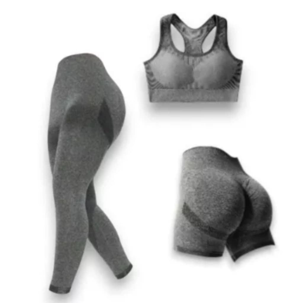 Conjunto de Academia Fitness Feminino 3 peças Leggings Top + Shorts + Calça Levanta Bumbum
