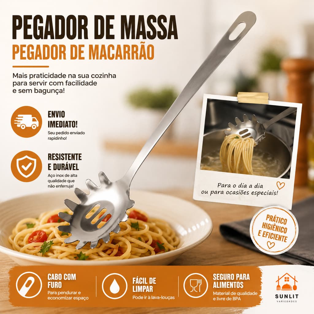 Pegador de Massas Macarrão Inox 23,4cm – Ideal para Servir Macarrão com Praticidade e Alta Qualidade E