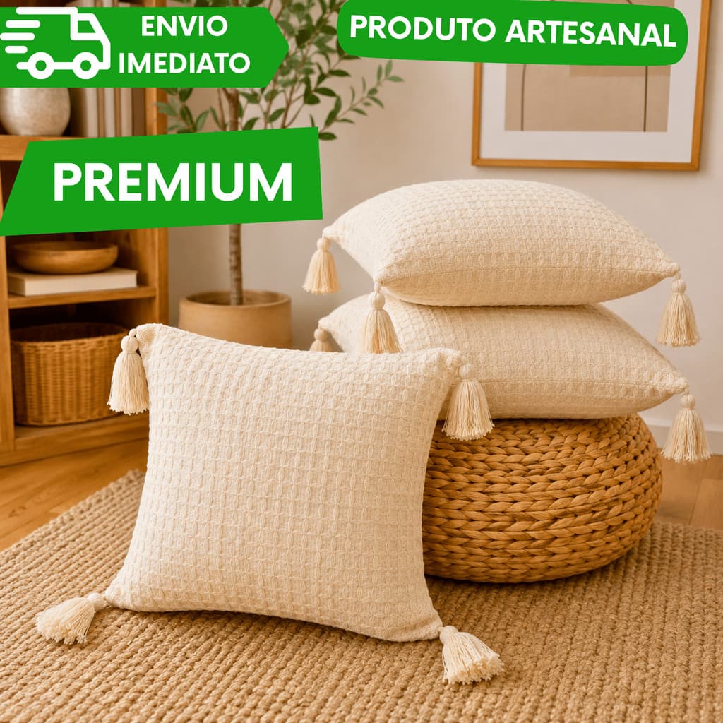 Kit Almofada Decorativa Boho Chic com Tassel Tecido Algodão Luxo 45x45