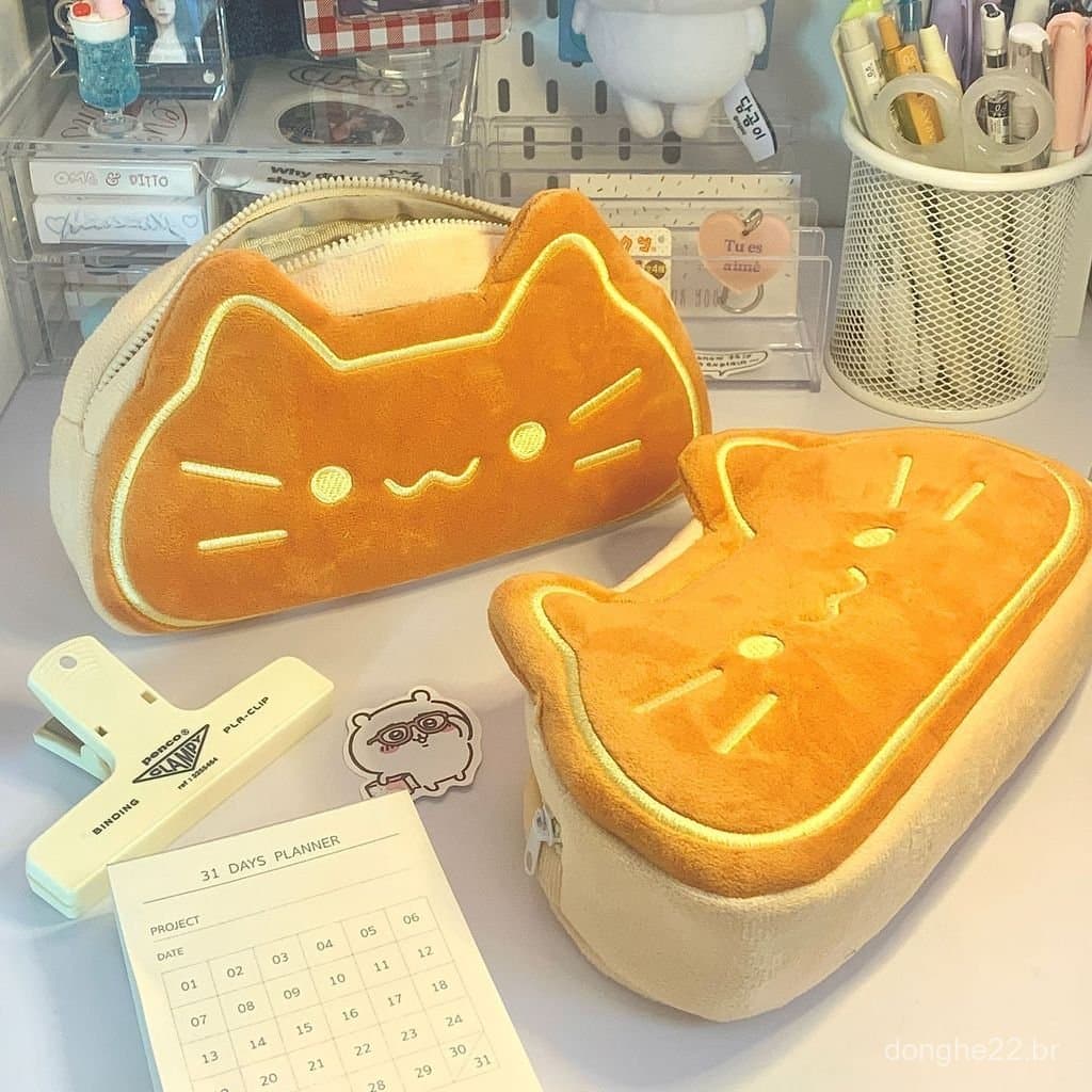 Estojo escolar de grande capacidade com estampa de gato fofo e fita adesiva.