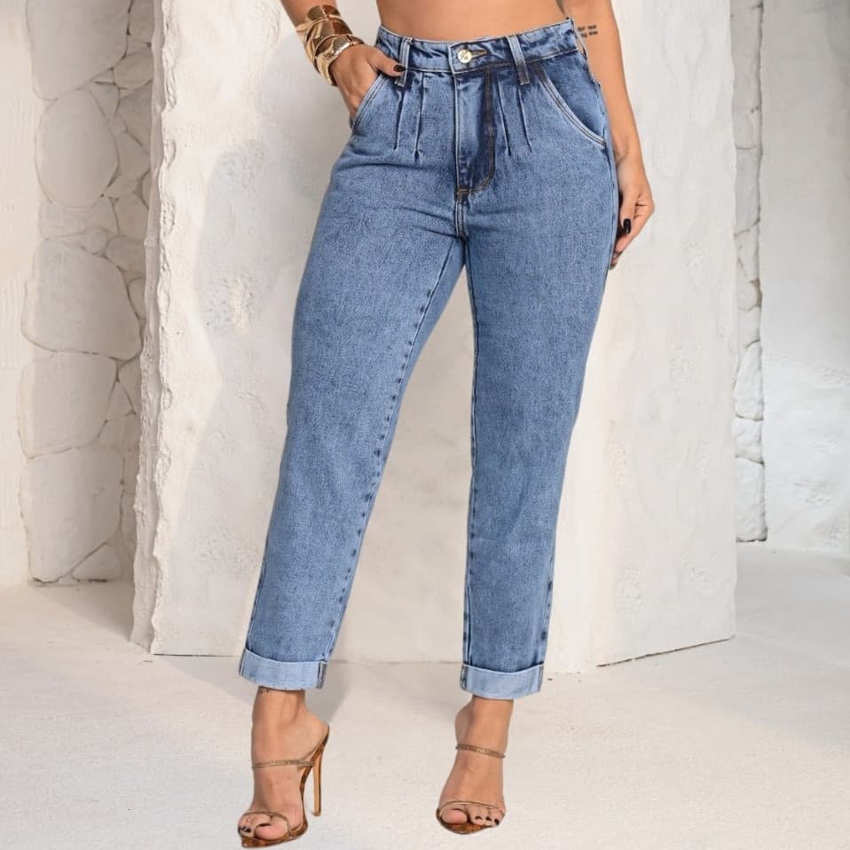 Calça mom Feminina Jeans Casual Cintura Alta Confortável Versátil