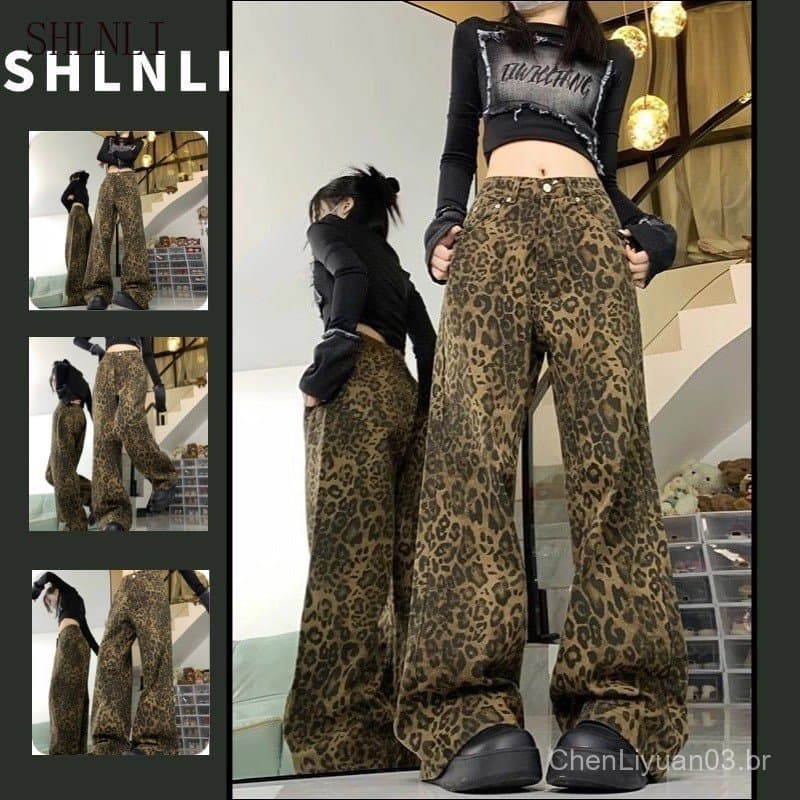Calças Jeans Casuais Soltas com Estampa de Leopardo para Mulheres Outono Inverno MWTX