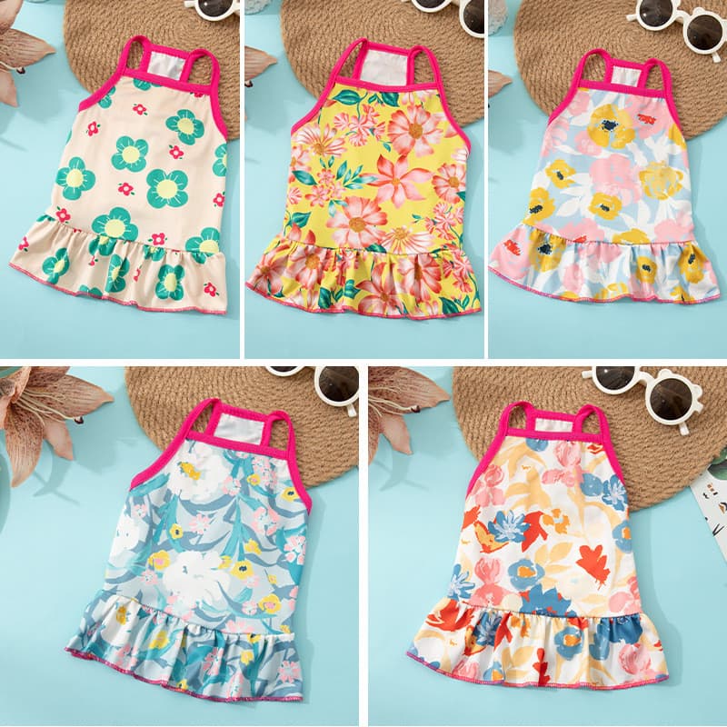 Novo modelo direto do fabricante: Vestido de verão com suspensório para cães e gatos pequenos, vestido floral fofo e fre