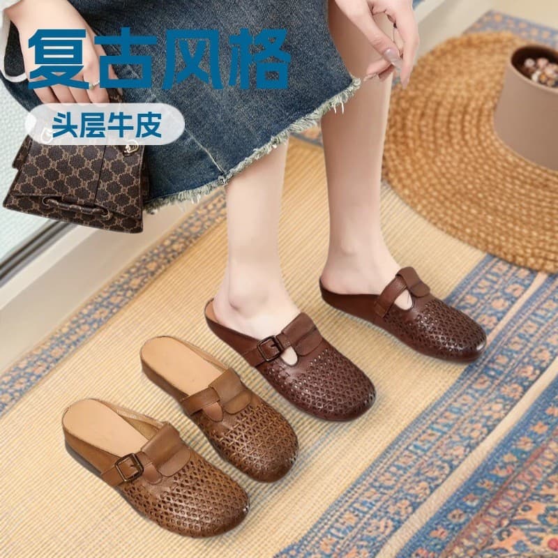 Retro interior novo estilo Baotou sandálias femininas tecido malha respirável cinta plana sapatos de dedo do pé redondo