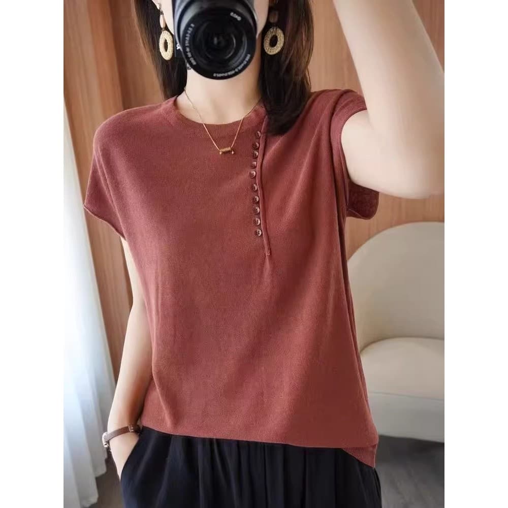Camiseta de manga curta feminina verão 2025 novo estilo em torno do pescoço solto abotoado algodão linho malha topo femi