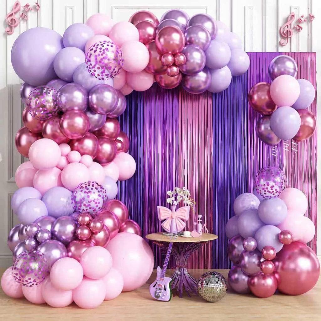 Kit de Arco de Balões Roxo e Rosa para Decorações de Festa de Aniversário, Cortinas de Franjas Metalizadas com Tema Musi