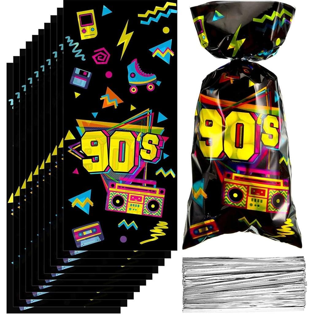 Zonon 100 Peças de Sacos de Festa Anos 90, Sacos de Doces Neon Retrô, Sacos de Celofane Plástico para Aniversário com 10