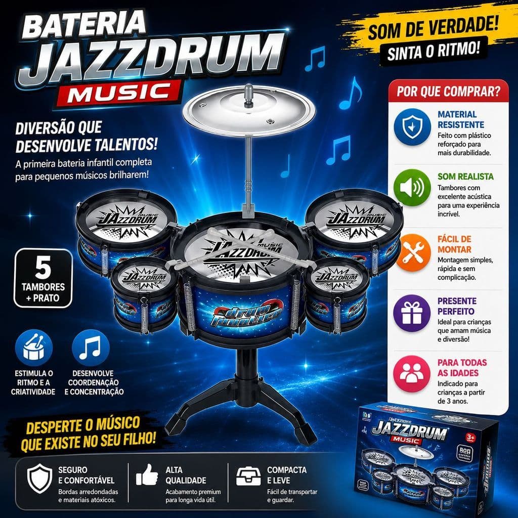 BATERIA MUSICAL INFANTIL PARA CRIANÇAS ROCK STAR 5 TAMBORES ART BRINK ORIGINAL