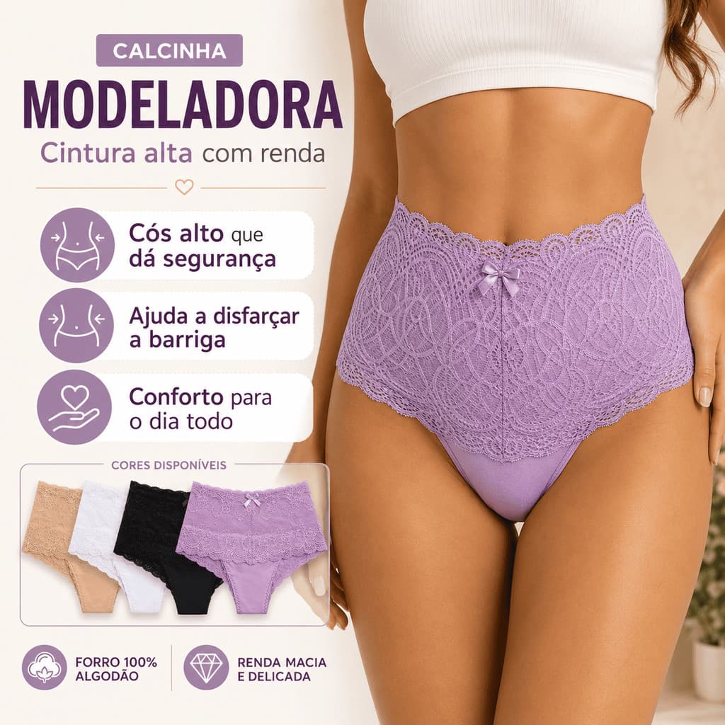 Calcinha Cintura Alta Modeladora Plus Size Renda e Algodão Cós Alto