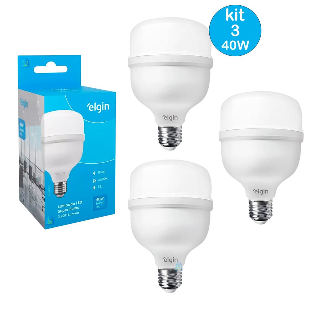 Kit 3 Lâmpadas 40w Led Super Bulbo Elgin Branco Frio Alta Potência 6500k Bivolt 110v/220v