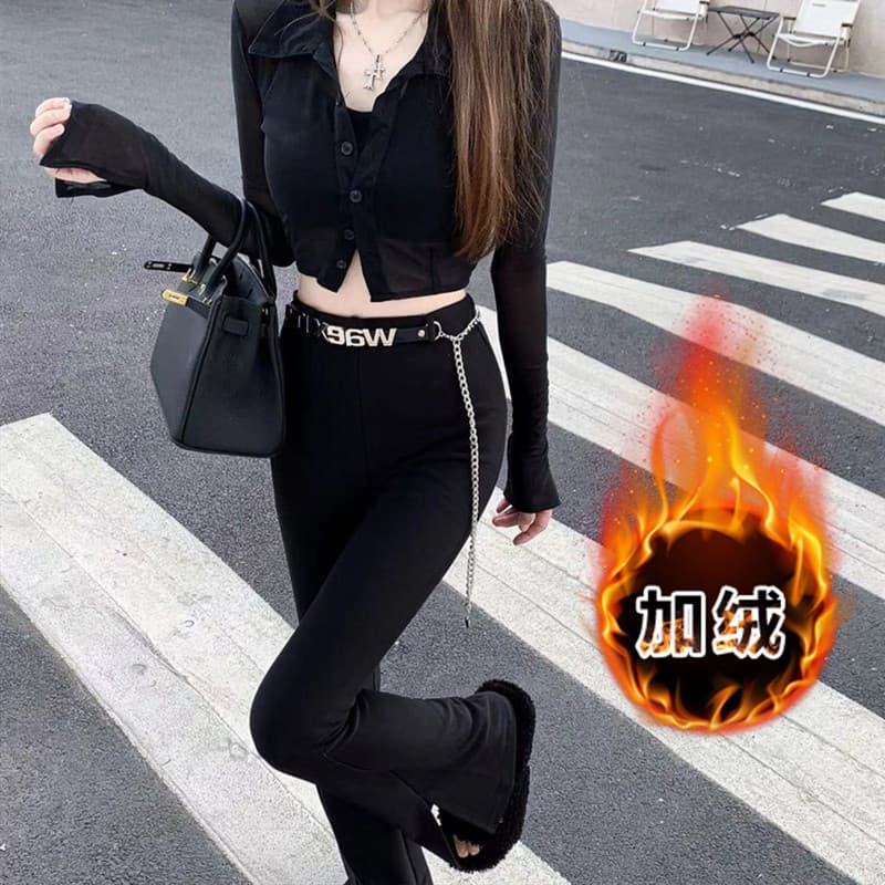 Calças altas alongadas Micro-comprimentos 2024 outono inverno Design feminino sentir corrente calças de cintura alta elá