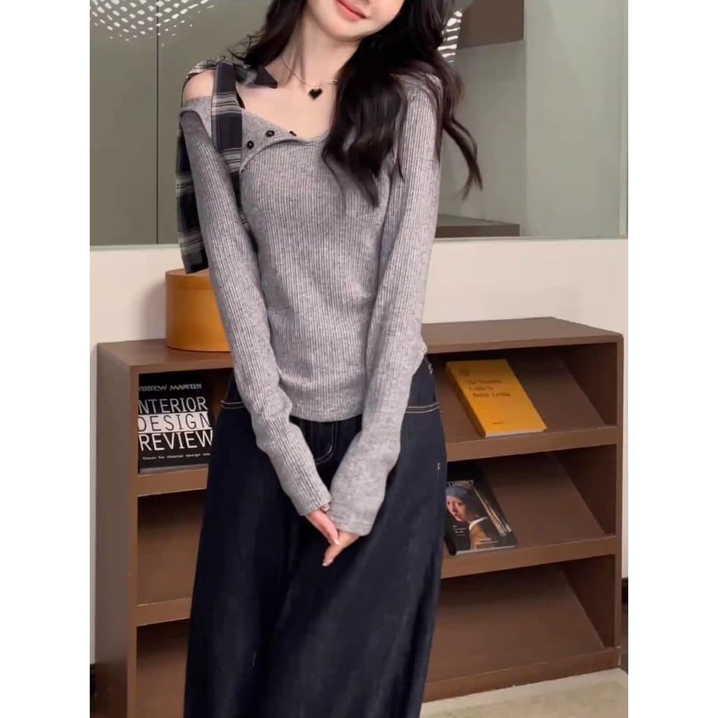 Estilo coreano cinza rendas sem alças de manga comprida camiseta feminina primavera outono High-End magro-ajuste mais ma