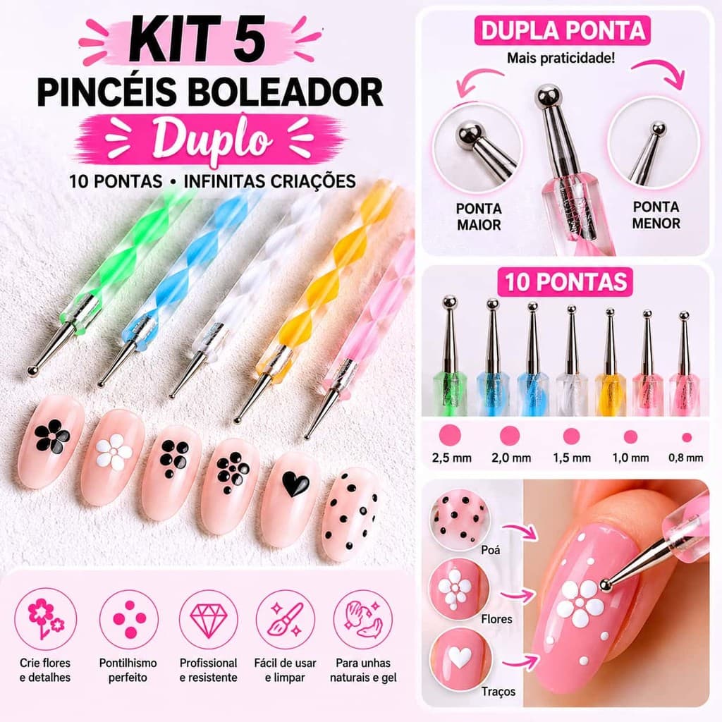 Kit 5 Pincéis Boleador Duplo Nail Art Unhas Gel Acrigel Decoração Profissional