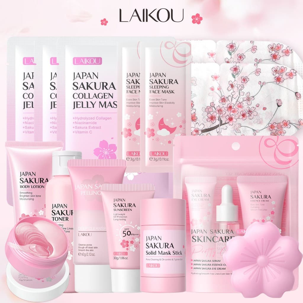 Tudo o que você precisa! Conjunto de Cuidados com a Pele LAIKOU Sakura para Rosto e Corpo, Hidratante, Uniformiza o Tom