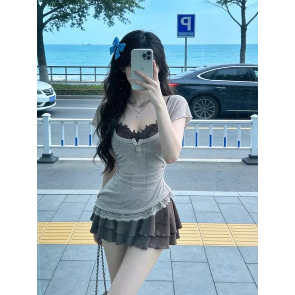 Retro lindo vestido de alça interna superior exclusivo terno de duas peças um conjunto ootd Wear 2026 verão
