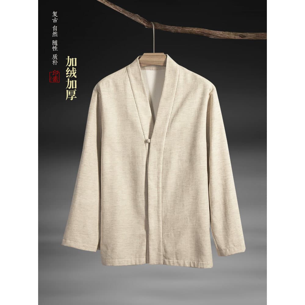 Estilo chinês outono estilo forro engrossado casaco literário abotoado algodão linho blusão jaqueta masculina Hanfu Card