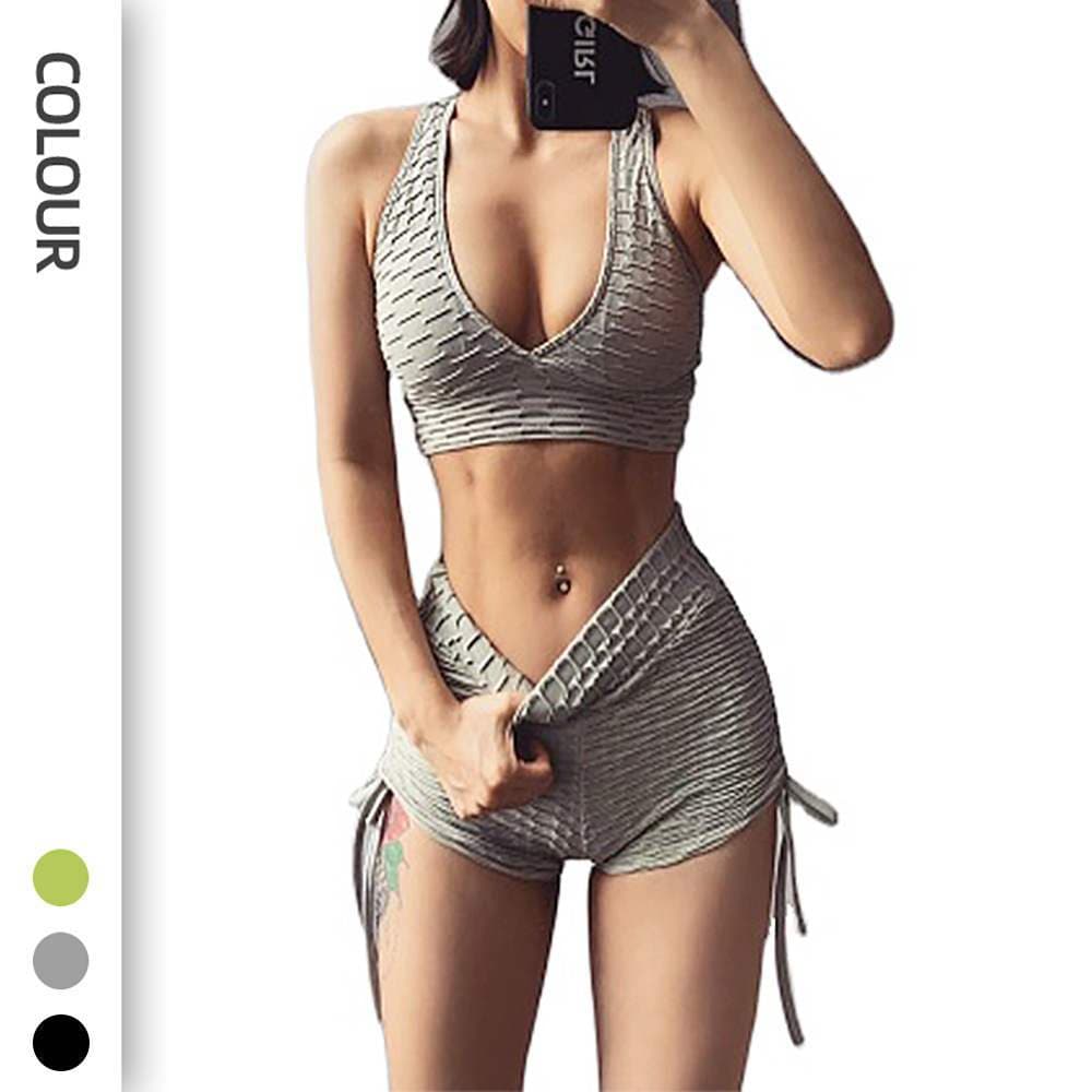 Fornecimento de comércio exterior bolha cordão yoga Shorts cintura alta Hip Lift feminino conjunto sutiã esportivo Fitne