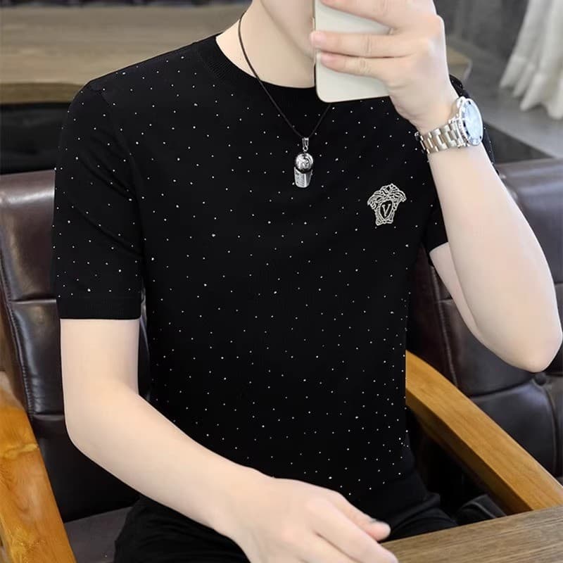 Estação europeia masculina leve luxo de manga curta camiseta masculina na moda High-End em torno do pescoço de seda gelo