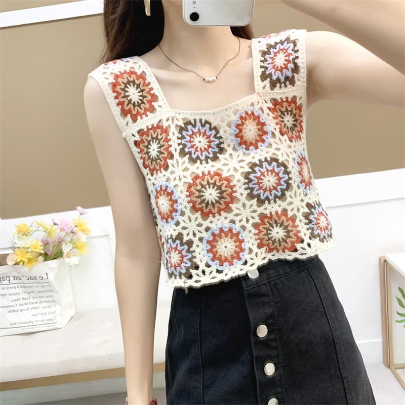 Retro indústria pesada bordado flor oco blusa de malha camisola feminina verão exterior Wear Design curto topo