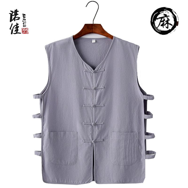 Verão fino algodão linho Tang terno colete masculino estilo chinês casaco colete de meia-idade idosos sem mangas colete