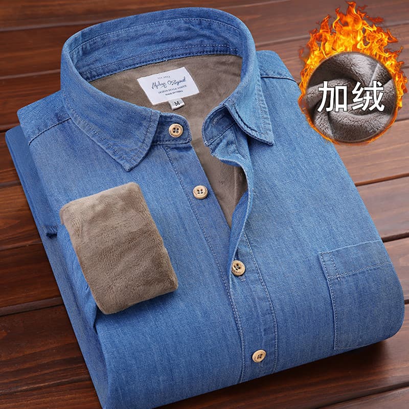 Sabaqi inverno masculino puro algodão Slub Denim velo-camisa térmica de manga comprida masculina Fle