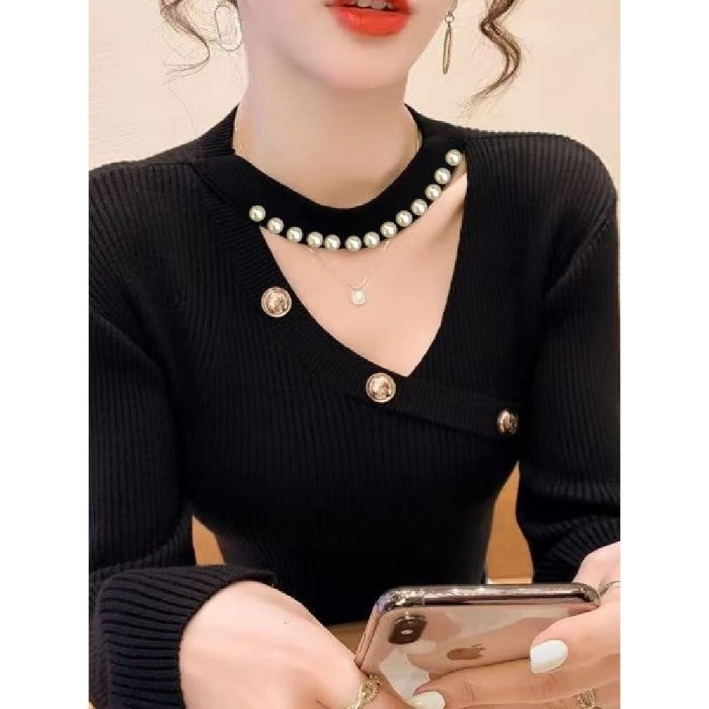 Forro de lã engrossado Halterneck camisola feminina 2024 primavera outono novo estilo fino-ajuste oco camisola camisa de