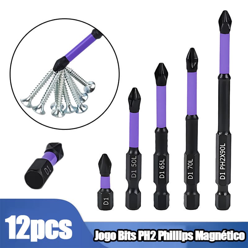 25-150mm Jogo Bits PH2 Phillips Magnético Impacto Antiderrapante Aço Dureza com Base Parafusadeira