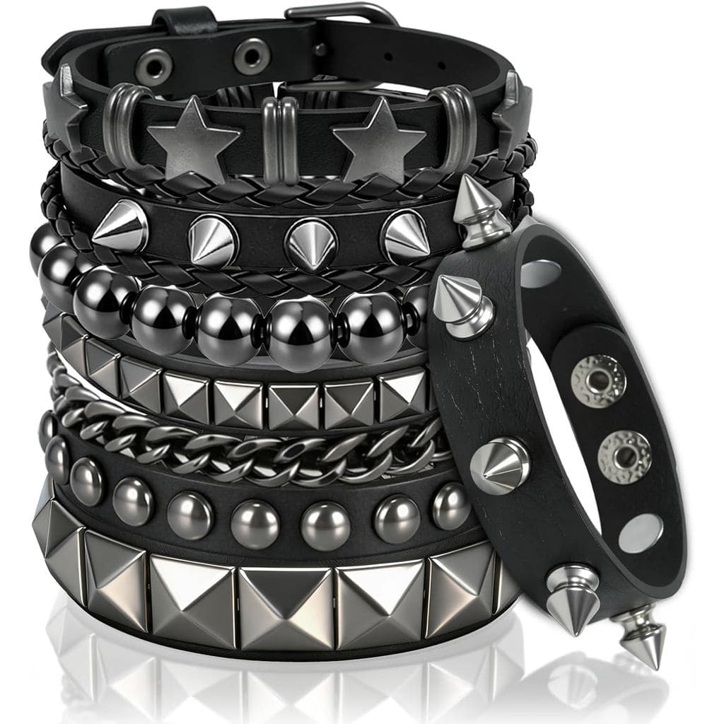 6 Peças Conjunto De Pulseira Cravejada Com Pontas Punk Rock De 6 Peças Para Mulheres E Homens , Pulseiras Góticas