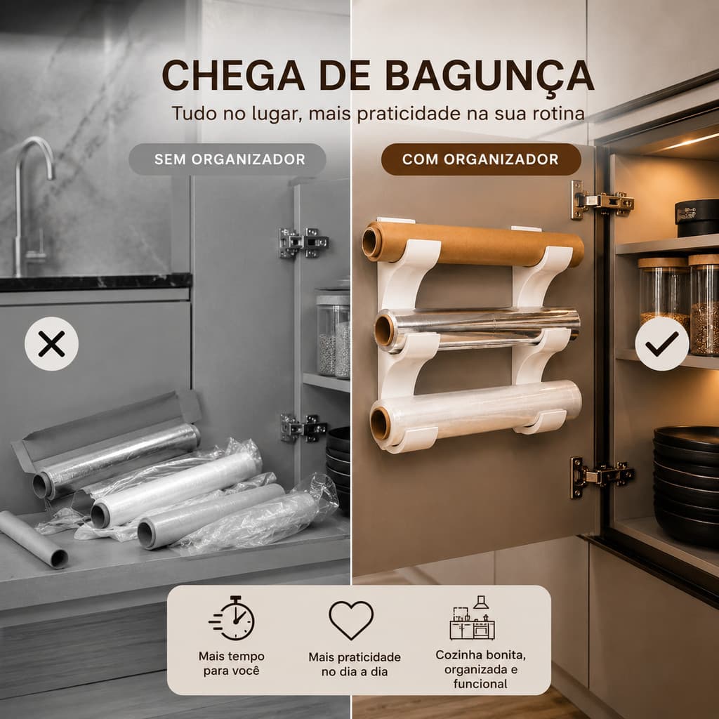 Organizador de Rolos para Cozinha Sem Furos | Suporte Papel Alumínio Filme PVC e Papel Toalha