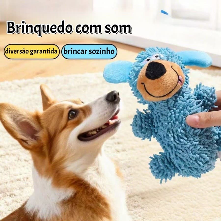 Brinquedo de Pelúcia p/ Cachorro com Som ao Balançar Mordedor Interativo Limpa Dentes Antiestresse