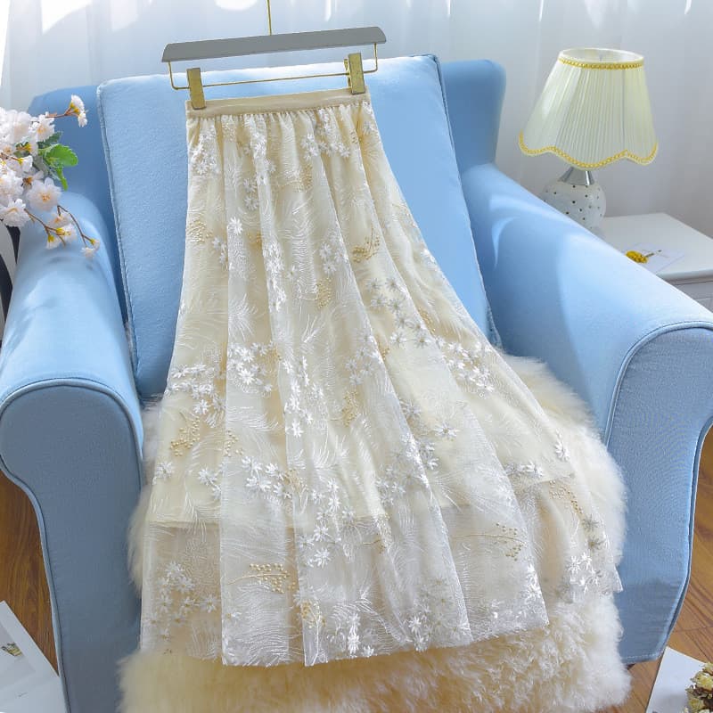 Tridimensional bordado impresso saia gaze saia 2026 verão novo estilo Floral temperamento feminino a linha grande S
