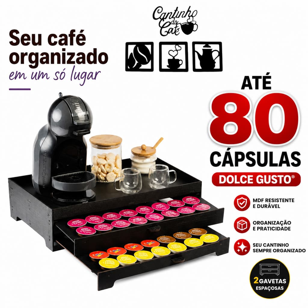 Organizador Porta 80 Cápsulas 2 Gavetas + 4 Apliques Decorativos Cantinho do Café Suporte Aparador