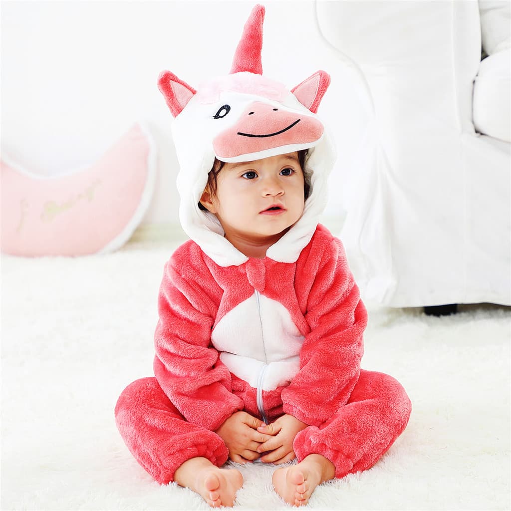Macacão De Unicórnio Vermelho Para Bebê , Fantasia De Animal Com Capuz De Flanela Macia , Roupa De Cosplay Infantil Quen