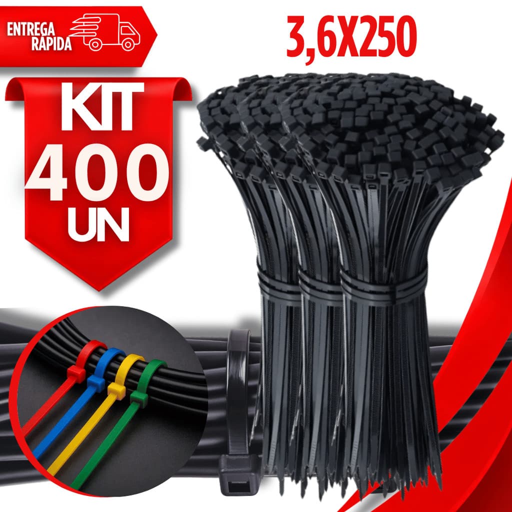 Jogo Abraçadeira Nylon Enforca Gato Preto 3,6x250mm Cinta Plásticas Organizador Cabos Fios Utilidades