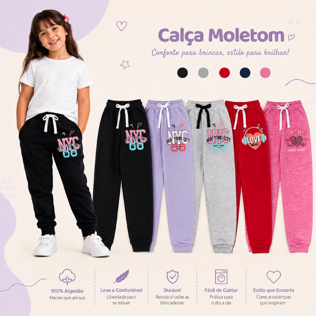 Kit Sortido 3 Calças Moletom Estampada Feminina/Menina infantil do 10 ao 14