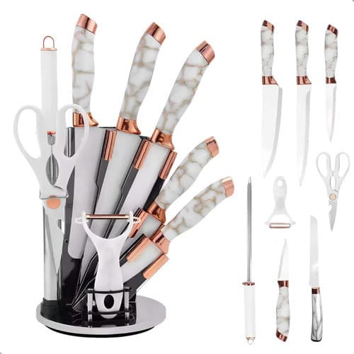 Jogo De Facas Faqueiro 9 Peças Aço Inox Com Suporte Acrílico Cor Branco Marmorizado