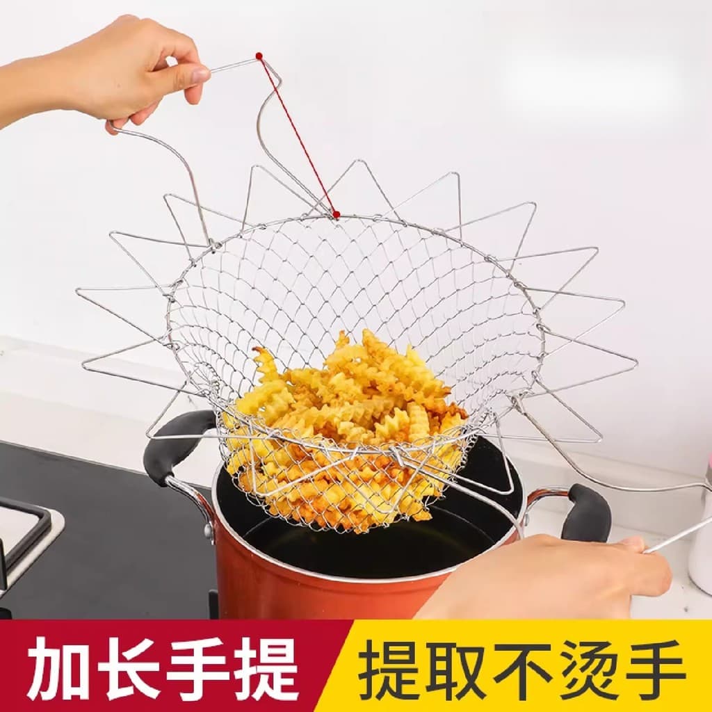 Cesta de fritura dobrável 304 aço inoxidável fivela de fritura carne Anti-aderente ferramenta útil pote inferior Net fer