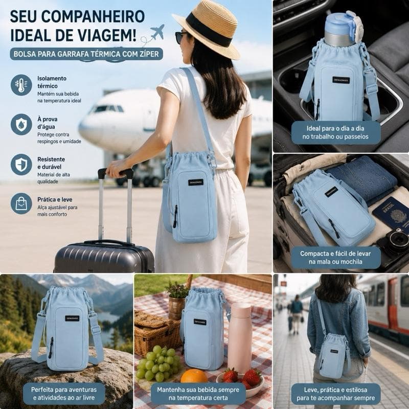 Bolsa Porta Garrafa Térmica com Zíper e Alça Ajustável Impermeável para Viagem Academia Passeio